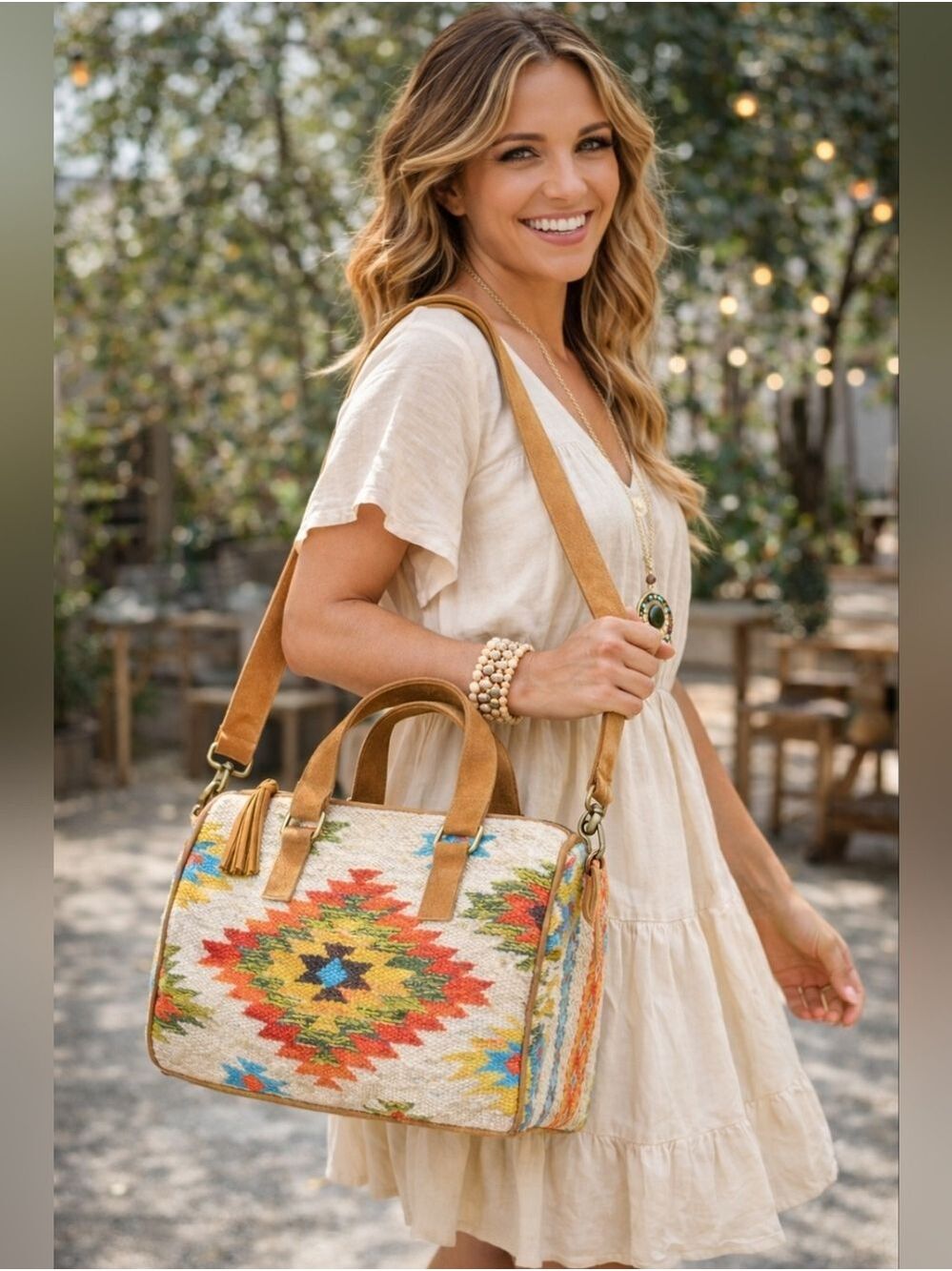 Ruggine Harlow Signature Boston Bag Boho Woven Navajo Print Suede Strap NWT